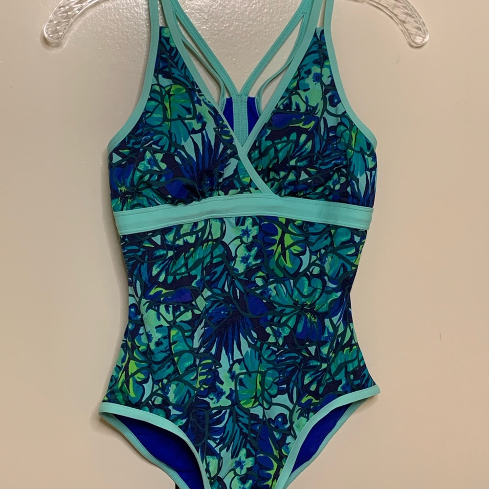 L.L. Bean Blue and Green One Piece Swimwear with V-Neck
